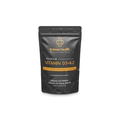 Image of Vitamin D3 + K2 Capsules Vegeterian 5000IU &amp; 100μg (MK 7) 60 High Strength HMPC Vegan 1 A Day Vegetarian and UK Manufacture Supports Immune System Bone Health