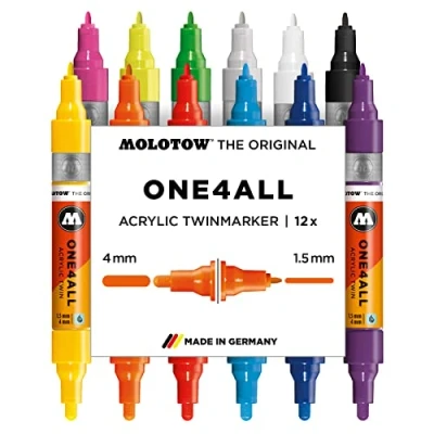 Image of Molotow MO200480 Acrylic Marker One4All Twin, Pencil Box Main Kit 1, 1.5 mm/4 mm, 12 Markers