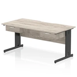 Image of Impulse 1600 x 800mm Scalloped Edge Office Desk Grey Oak Top Black Cable Managed Leg Workstation 2 1 Drawer Fixed Pedestal