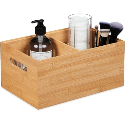 Image of Relaxdays Storage Box, 2 Compartments, Stackable, Handles, H x W D: 14 30 20 cm, Bamboo, Natural