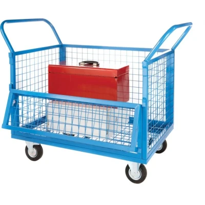 Image of Wire Mesh Truck; 4 Sides w Half Drop Down Front Castors Blue