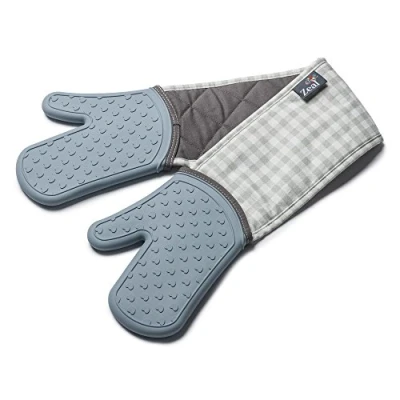 Image of Zeal Steam Stop Silicone Double Oven Glove Gingham Duck Egg Blue