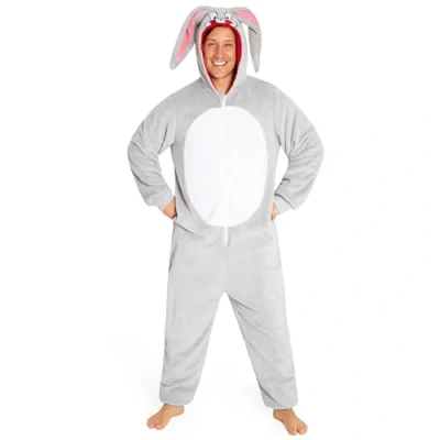 Image of LOONEY TUNES Adult Onesie for Men Teenagers Bugs Bunny Hooded Fluffy Fleece Onesies M 2XL Gifts (Grey Bunny, S)