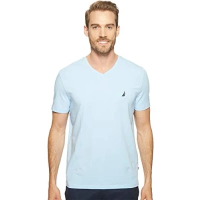 Image of Nautica Men&#039;s Short Sleeve Solid Slim Fit V neck T shirt Shirt, Noon Blue, L UK