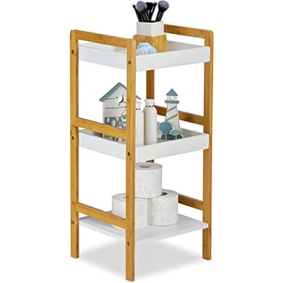 Image of YORKSHIRE HOMEWARE 3 Tier Wooden Bathroom Shelf for Towels Storage Shelving Unit Narrow Bookcase Display Stand Free Standing Furniture Shelves Living Room