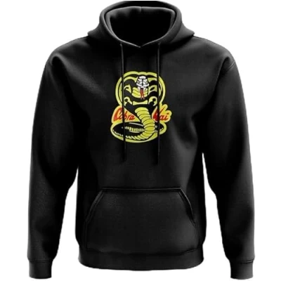 Image of Cobra Kai Hoodie Fighting Karate TV Show 80&#039;s Film Gift Present Birthday Christmas Twin Needle Stitch Detailing 80% Ringspun Cotton 20% Polyester Kangaroo Pouch Pocket (Black, Large)