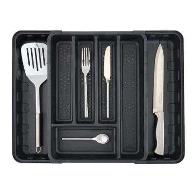 Image of Minky Cutlery Drawer Organiser, Extendable Sorter, Kitchen Storage &amp; Organisation, Utensil Holder, Accessories, Trays, Tools Gadgets, UK Made (Black)