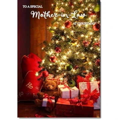 Image of doodlecards Mother in Law Christmas Card Teddy by Tree Medium Size for with Plain Envelope