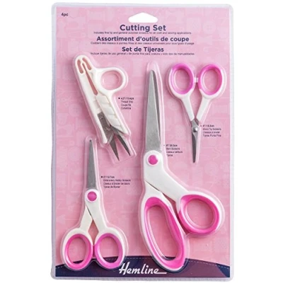 Image of Hemline 4pc Cutting Set Pink &amp; White Embroidery, Thread Snips, Bent Scissors Micro Tip