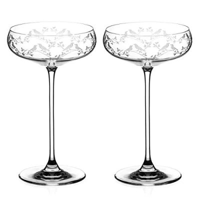 Image of DIAMANTE Champagne Coupes Cocktail Saucers Pair with ‘Birdsong’ Collection Hand Etched Filigree Crystal Design Set of 2