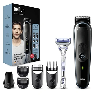Image of Braun Multi Grooming Kit 3, 7 in 1 Beard Trimmer and Hair Men&#039;s for Facial Head Hair, 5 Attachments, MGK3342, Black/Blue
