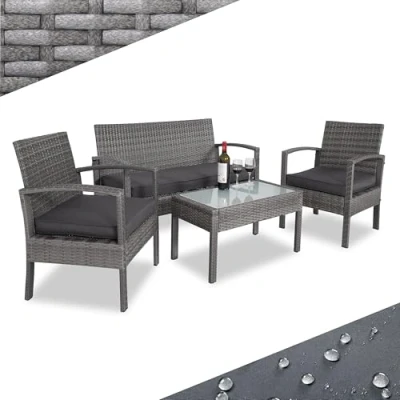 Image of CASARIA® 7pc Weatherproof Polyrattan Garden Furniture Set Suitable for up to 4 People Outdoor Patio Seating Group with 2 Armchairs, Bench, 3 Cushions, &amp; Frosted Glass Top Table Grey