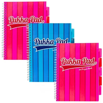 Image of Pukka Pad, Vogue Spiral Bound A4 Project Notebooks 3 Pack Repositionable Dividers 200 Pages of 80GSM Paper with Perforated Edges Pink and Blue Assorted Colours