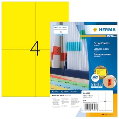 Image of HERMA Self Adhesive Coloured Labels, 4 Labels per A4 Sheet, 100 Sheets, 105 x 148 mm, 400 Blank Colour Stickers, Sticky for Laser &amp; Inkjet Printer, Yellow