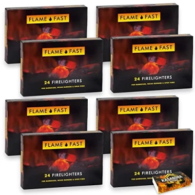 Image of Flamefast Firelighters Bulk Pack Fire Lighters Starter Blocks Hotspot Burners BBQ Open with KasaBona Safety Matches 24 (192 Firelighters)