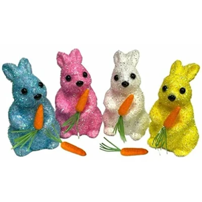 Image of P Store Easter Bunny Rabbit Tinsel Shimmer 6&quot; Decor Table Decoration Office Desk Spring (All 4 Colours Rabbits + 24 Carrots)