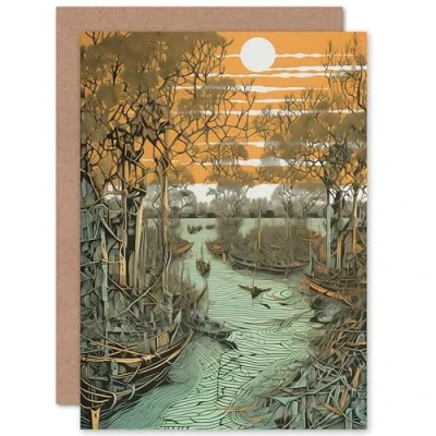 Image of Artery8 Mangrove Forest Swamp Coastal Landscape Linocut Travel Birthday Sealed Greeting Card Plus Envelope Blank inside