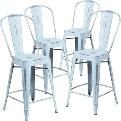 Image of Blake Commercial Grade 4 Pack 24&#039; High Distressed Pastel Blue Metal Indoor Outdoor Counter Height Stool with Back