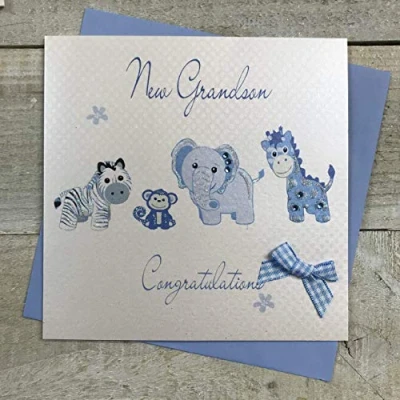Image of white cotton cards &quot;New Grandson Congratulations Handmade Card, White, WS30A