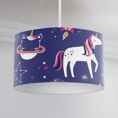 Image of Happy Linen Company Girls Kids Space Unicorn Fantasy Purple Cylinder Ceiling Pendant Lamp Drum Light Shade Lampshade 30 x 20 cm
