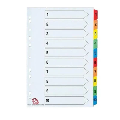 Image of A4 1 10 Numbered Index Divider Multi Coloured Tabs (Pack of 5)