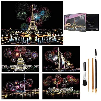 Image of jiuhao Scratch Art for Adults Kids,Engraving Etch Scraper Foil Paper Holographic Painting Pictures Kids,Creative Gift Set Children,Friends,Family,With 4 Tool Set(Fireworks)