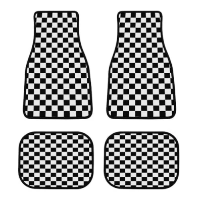 Image of Black White Plaid Car Floor Mat Universal Fit Front/Rear 4 Piece Full Set for SUV Truck Carpet Mats Automotive Interior Decortaive