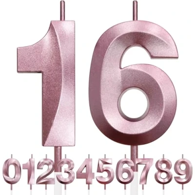 Image of 16th Birthday Candle, 3D Design Rose Gold Glitter Number Candles, Cake Topper Decorations, Candle for Party, Wedding Anniversary, Baby Shower, Party Decoration (Pink Gold)