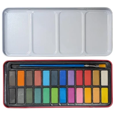 Image of Quickdraw Artist Watercolour Paint Set of 24 Colour Blocks with Paintbrush &amp; Red Metal Tin