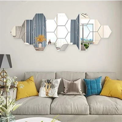 Image of Xemz Hexagon Mirror Wall Stickers, 12Pcs Self Adhesive Removable 3D Acrylic Sheet Plastic Tiles, Art DIY Home Decorative for Living Room Sofa TV Background Bedroom Decoration