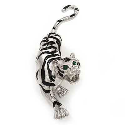 Image of Avalaya &#039;Roaring Tiger&#039; Brooch in Rhodium Plated Metal