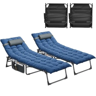 Image of YITAHOME Reclining Sun Lounger Set of 2 with Cushion 190x68x31cm Folding Bed 5 Position Adjustable, Sunloungers Headrest &amp; Side Pocket Load capacity 300lbs for Garden, Beach, Camping, Blue