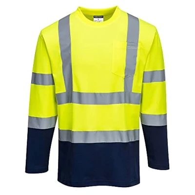 Image of Portwest Two Tone Long Sleeved Cotton Comfort T Shirt Yellow/Navy Large