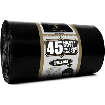 Image of Haya Home 90L liter 45 Black Plastic Bin Bags Heavy Duty Liners, Refuse Sacks Pack of X 1 Waste Dustbin roll for Kitchen Office DIY Garden Made from 100% Recycled Material