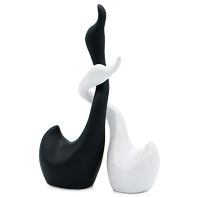 Image of Loving swan couple sculpture set of two swans made ceramic in black and white decorative figure 9/23cm high decoration for luck harmony as a gift Christmas
