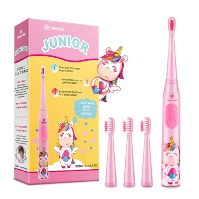 Image of Vekkia Sonic Rechargeable Kids Electric Toothbrush, 3 Modes with Memory, Fun &amp; Easy Cleaning, 24000 Strokes, IPX7 Waterproof, 2 Min Timer for Age 5+, 4 Soft Bristles(Pink)