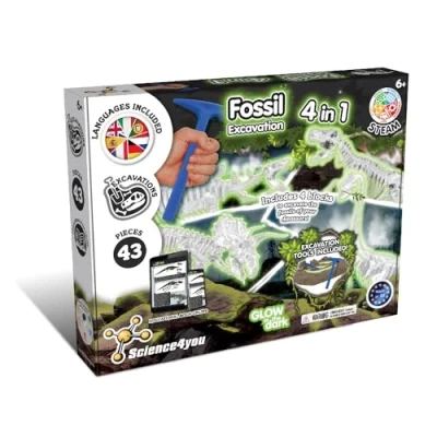 Image of Science4you Dinosaur Fossil Excavation Kit 4 in 1 Glow the dark Digging for Kids, Build Fossils, 43 pieces, Archeology Set Toys, Games Boys and Girls Age 6+
