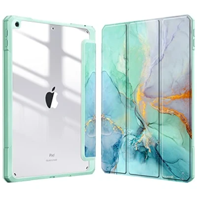 Image of FINTIE Hybrid Case Compatible with iPad 9th / 8th 7th Generation (2021/2020/2019 Release) 10.2 inch Shockproof Cover Clear Back Shell w/Pencil Holder, Auto Wake/Sleep, Emerald Marble