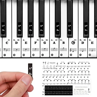 Image of URAQT Piano Key Stickers for 37/49/54/61/88 Keys, Black and White Keyboard Stickers, Transparent Removable Note Guide Labels Kids Beginners