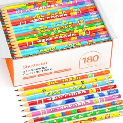 Image of Shuttle Art #2 HB Pencils with Rubbers, 180 Pack Bulk 12 Assorted Designs, Sharpened for Kids Writing Graphiting, Classroom Wooden Set Kids, Back to School Supplies