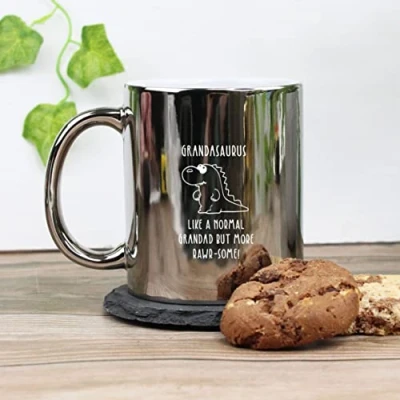 Image of eBuyGB Grandasaurus Mug, Grandad Dinosaur Engraved Shiny Metallic Silver Coffee Mug Tea Cup, Father&#039;s Day Gift for Granddad, Grandpa, Birthday Gift, Funny Present