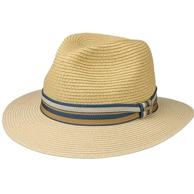 Image of Stetson Romaro Toyo Traveller Straw Hat Men (Viscose) Summer UV Protection 40+ Wide Brim with Striped Ribbon Trim Spring/Summer Beige M (56 57 cm)