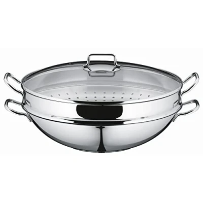 Image of WMF Wok set 2 pieces Macao uncoated Ø 36cm Party pouring rim stainless steel handle Cromargan suitable for induction dishwasher safe