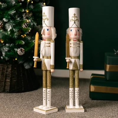 Image of Marco Paul Pair of 70cm White Nutcracker Soldier Statue Hand painted Christmas Decor 2x Ornaments For Decorations Indoor Xmas Large Wooden Toy