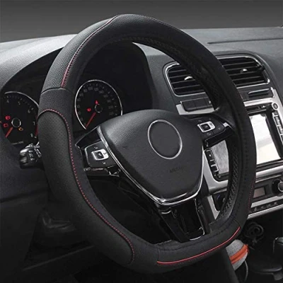 Image of Xihaoer Steering Wheel Cover, D Shape, 15 inch, Red line, Leather, Breathable, Non Slip