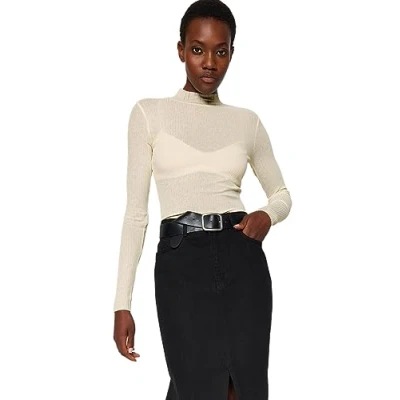 Image of Trendyol Women&#039;s Straight Long Sleeve Slim Blouse, Ecru, M