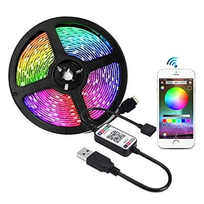 Image of HEGEHE RGB LED Strip Light Bluetooth App Control, 5V USB Powered with Self Adhesive Tape for TV/Cabinet/Mirror/Staircase/Cupboard/Armoire/Shelf Backlight Decor (0.5m, Waterproof)