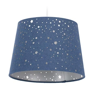 Image of Relaxdays Children’s Hanging Lamp with Star Design, Kids’ Ceiling Light, Round Fabric Lampshade, Blue