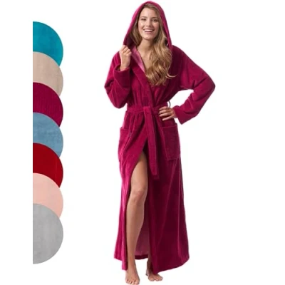 Image of Morgenstern Women&#039;s Robes Long Hooded Pink Dressing Gown Bathrobe Size M UK 12/14 Full Length 54&quot;/140 cm