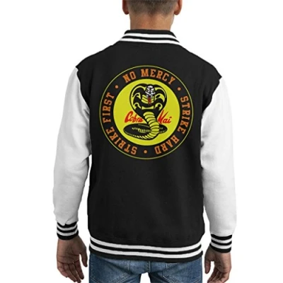 Image of Cloud City 7 Cobra Kai Snake Logo No Mercy Kid&#039;s Varsity Jacket Black/White